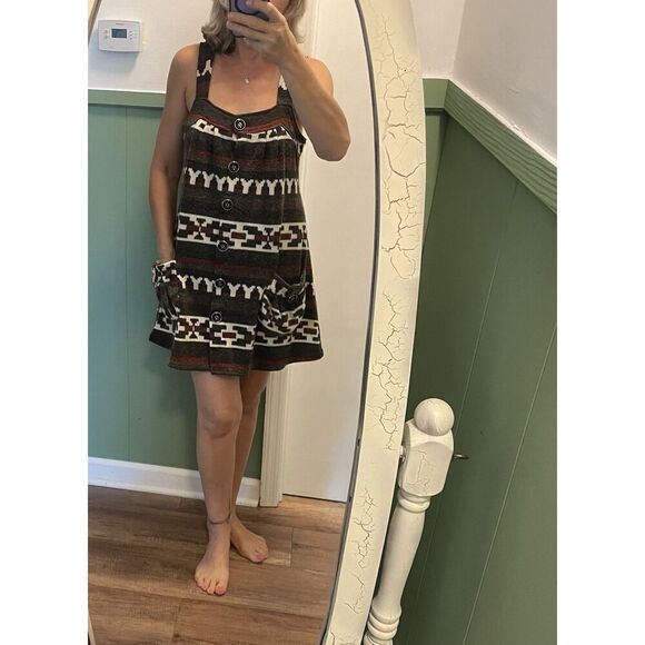 Women’s Boho Knit Mini Sleeveless Tunic Geometric Print Button Up Two Pockets - Picture 1 of 7